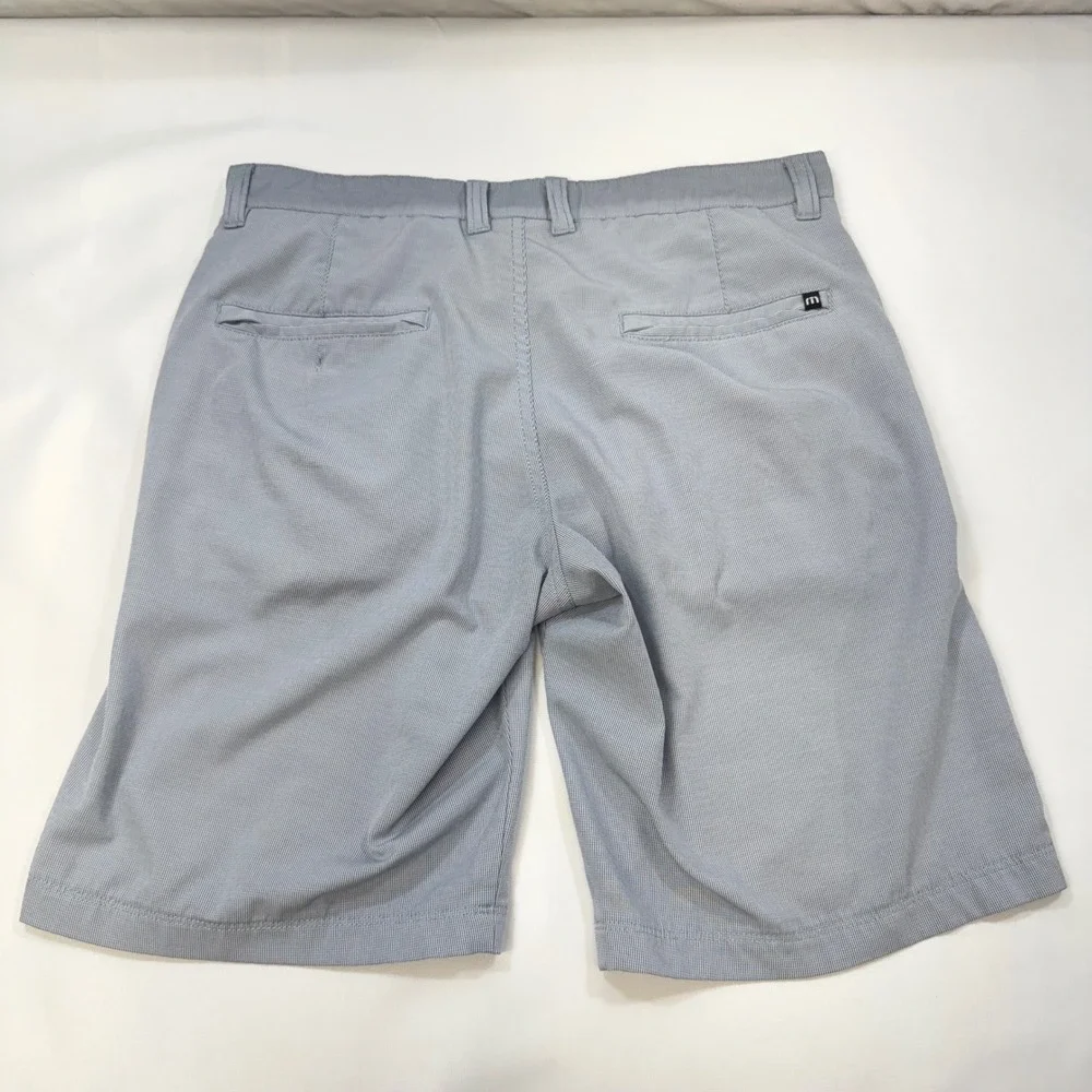 TravisMathew Golf Shorts Mens 32 Blue White Micro Check Stretch 10